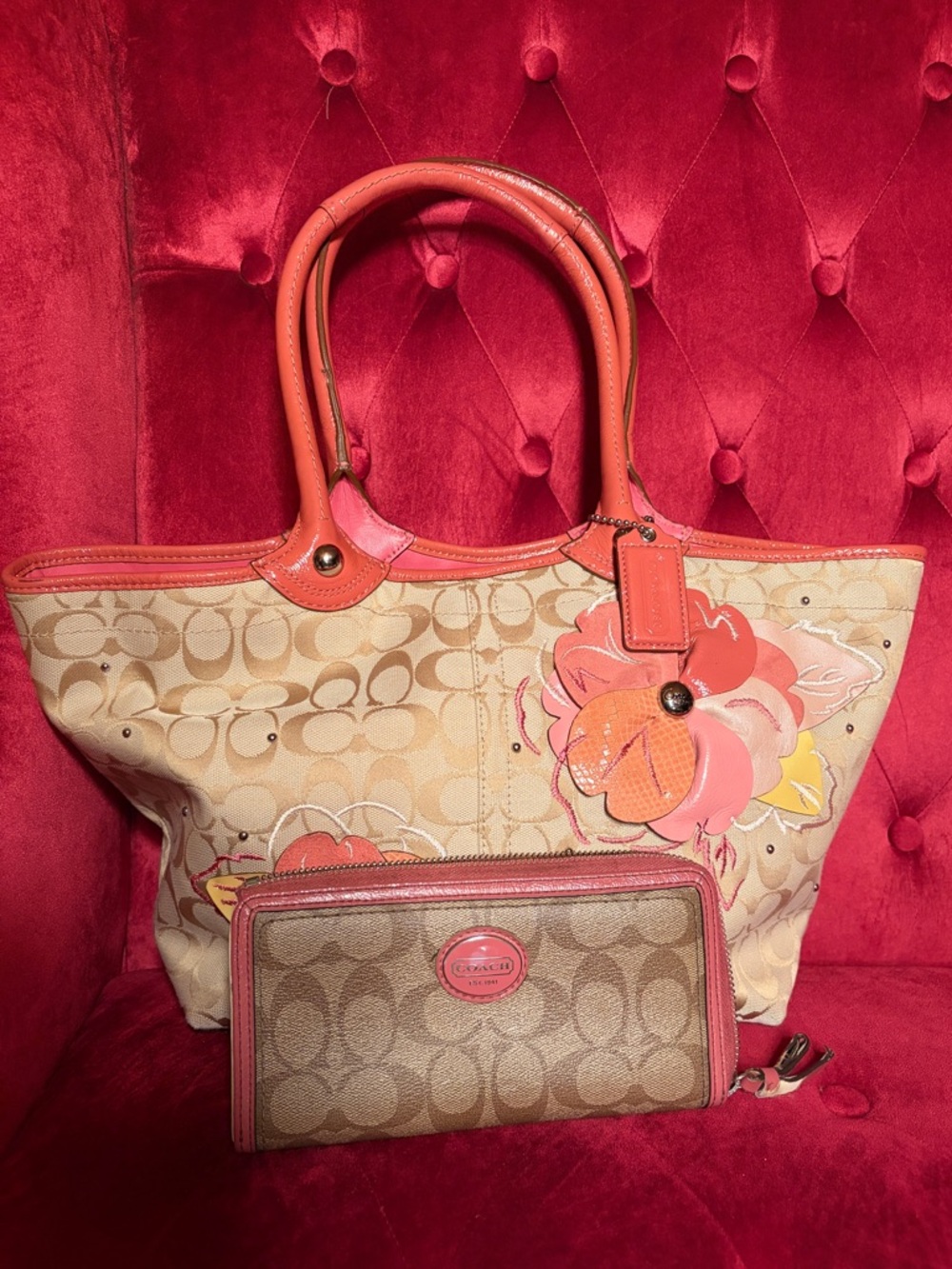 Coach Bleecker Signature Canvas Pink Floral Appliqué Tote & Canvas Wristlet